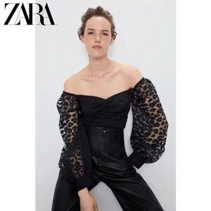 ZARA Black Contrasting Organza Puff Sleeves Cropped Cotton Top Size XS